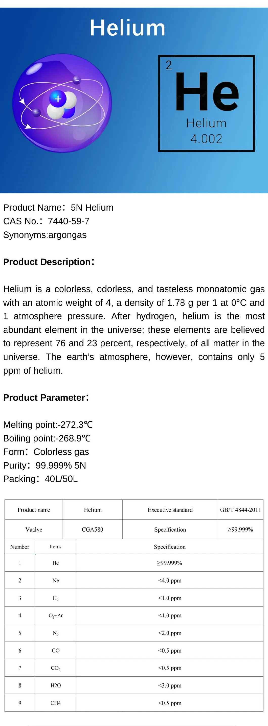 High Purity 99.999% 5n Manufacturer Supply Best Quality 200 Bar Helium Gas